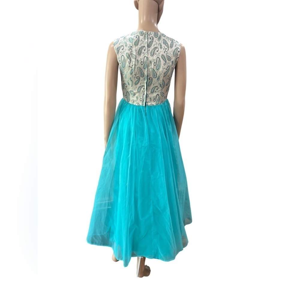 True vintage 1960s handmade Aqua brocade Paisley hostess dress – medium - Picture 4 of 8